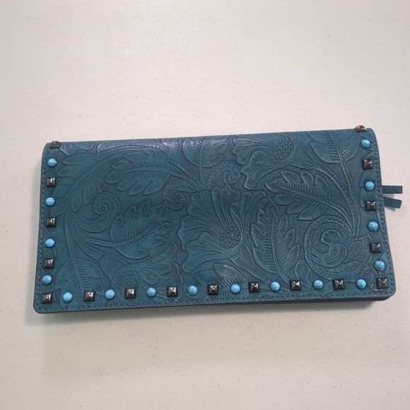 Anna Sui x INC Embossed Turquoise Studded Clutch - Colorful Lined Interior - Picture 1 of 5